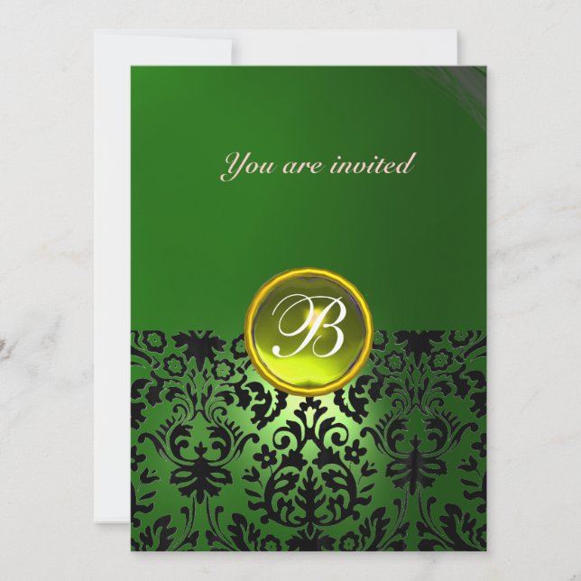 DAMASK GEM STONE MONOGRAM green yellow Invitation (Front)