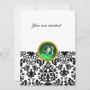 DAMASK GEM STONE MONOGRAM jade green white Invitation