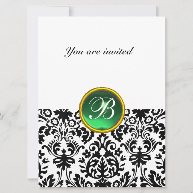 DAMASK GEM STONE MONOGRAM jade green white Invitation (Front)