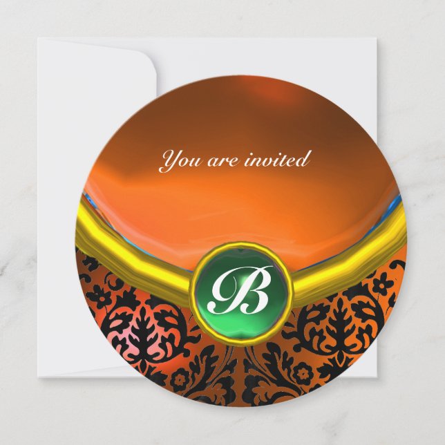 DAMASK GEM STONE MONOGRAM orange green Invitation (Front)