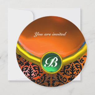 DAMASK GEM STONE MONOGRAM orange green Invitation