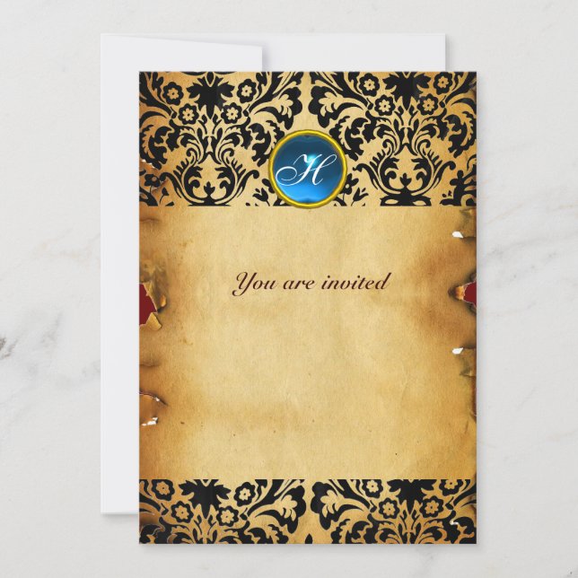 DAMASK GEM STONE MONOGRAM parchment blue Invitation (Front)