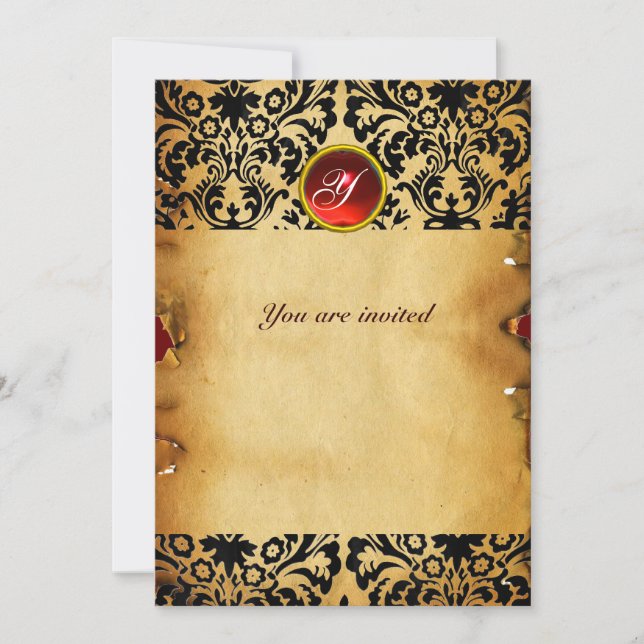 DAMASK GEM STONE MONOGRAM parchment red Invitation (Front)