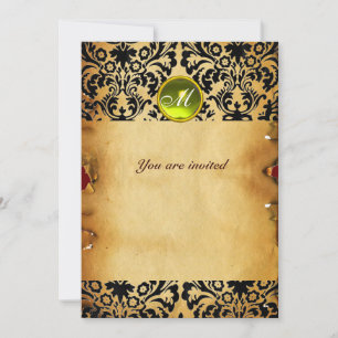 DAMASK GEM STONE MONOGRAM parchment yellow Invitation