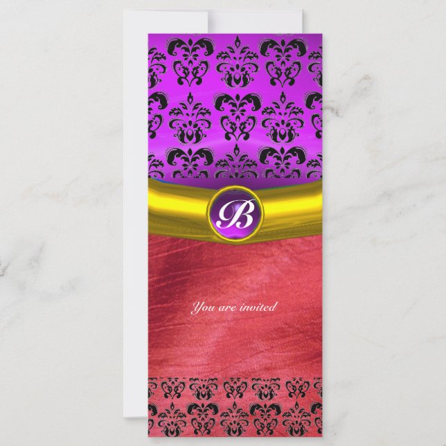 DAMASK GEM STONE MONOGRAM pink purple violet silk Invitation (Front)