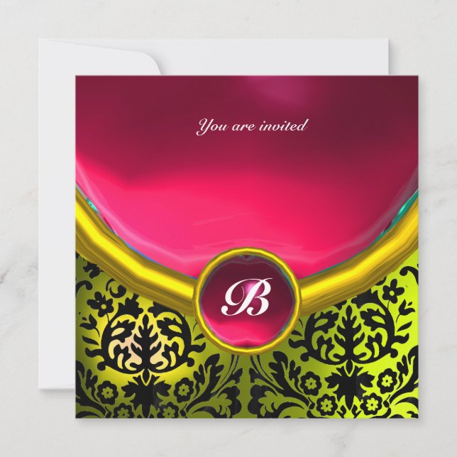 DAMASK GEM STONE MONOGRAM pink yellow Invitation (Front)