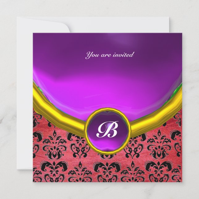 DAMASK GEM STONE MONOGRAM purple pink silk black Invitation (Front)