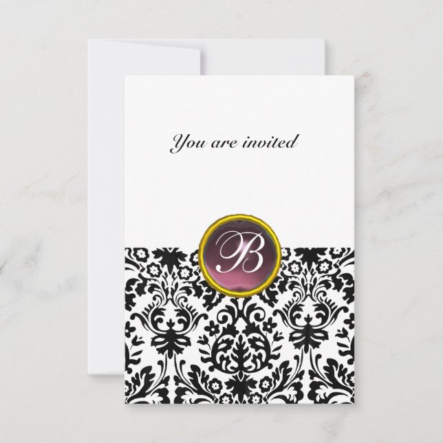 DAMASK GEM STONE MONOGRAM  purple white rsvp Invitation (Front)