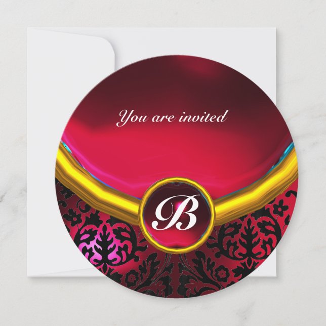 DAMASK GEM STONE MONOGRAM ruby red burgundy Invitation (Front)