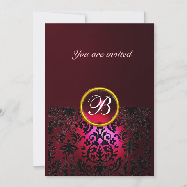 DAMASK GEM STONE MONOGRAM ruby red burgundy Invitation (Front)