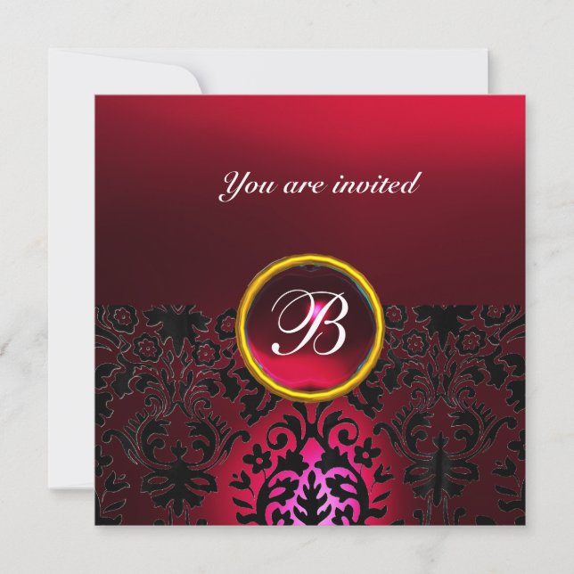 DAMASK GEM STONE MONOGRAM ruby red burgundy Invitation (Front)