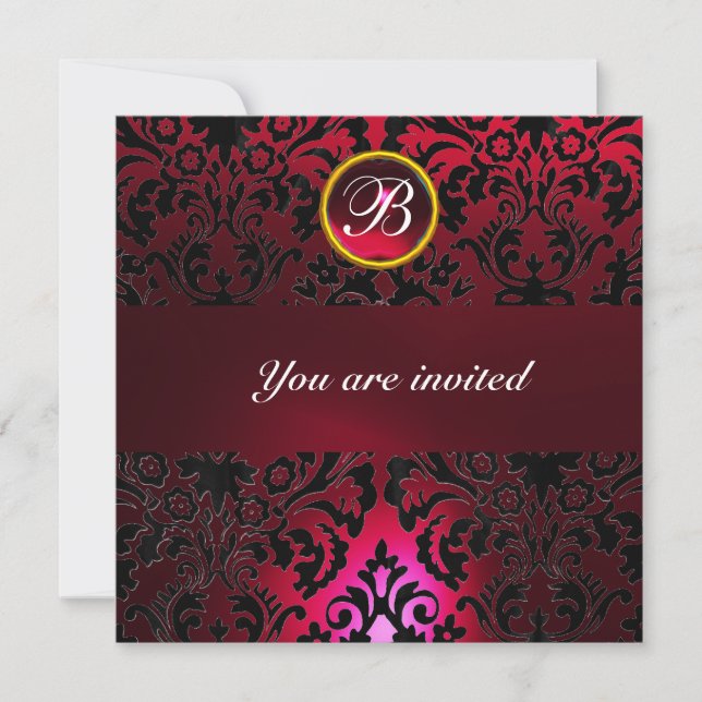 DAMASK GEM STONE MONOGRAM ruby red burgundy Invitation (Front)