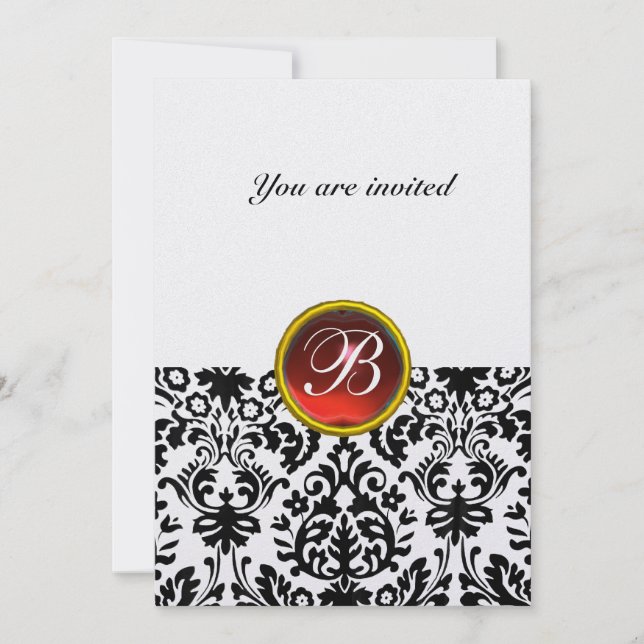 DAMASK GEM STONE MONOGRAM ruby red ice Invitation (Front)