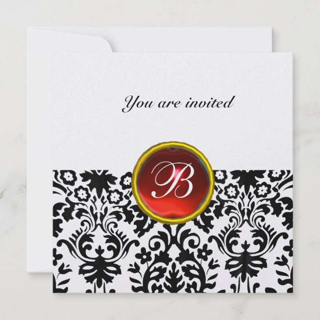 DAMASK GEM STONE MONOGRAM ruby red ice Invitation (Front)