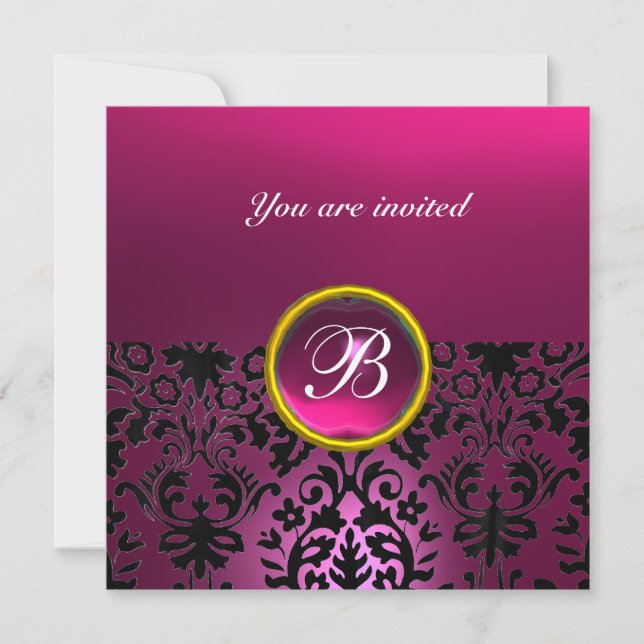 DAMASK GEM STONE MONOGRAM ruby red Invitation (Front)