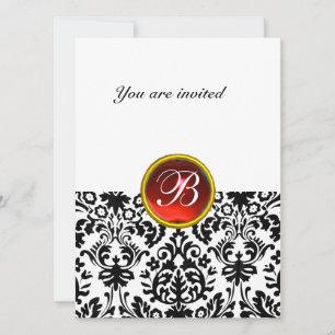 DAMASK GEM STONE MONOGRAM ruby red white Invitation