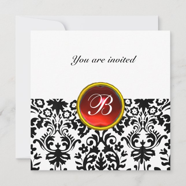 DAMASK GEM STONE MONOGRAM ruby red white Invitation (Front)