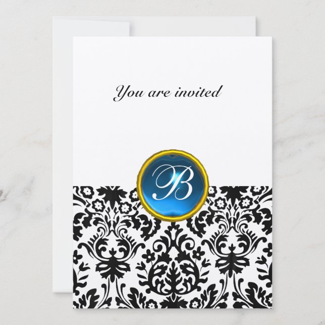 DAMASK GEM STONE MONOGRAM sapphire blue felt Invitation (Front)
