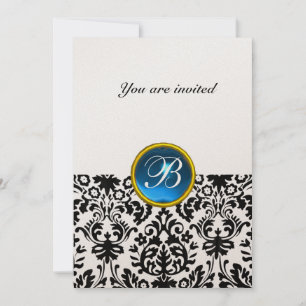 DAMASK GEM STONE MONOGRAM sapphire blue gold Invitation