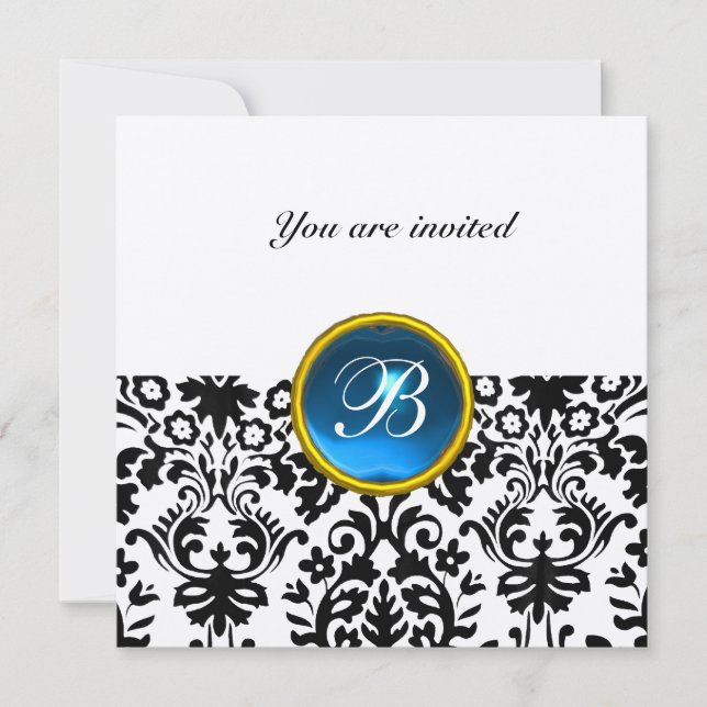 DAMASK GEM STONE MONOGRAM sapphire blue gold Invitation (Front)