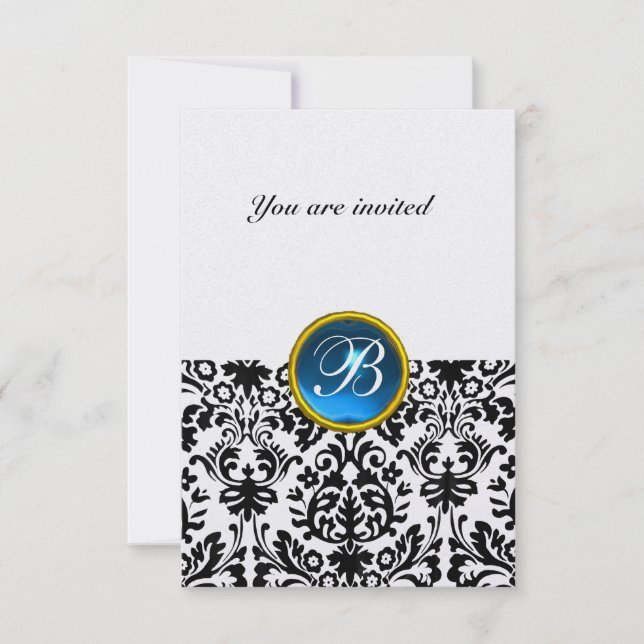 DAMASK GEM STONE MONOGRAM sapphire blue ice rsvp Invitation (Front)