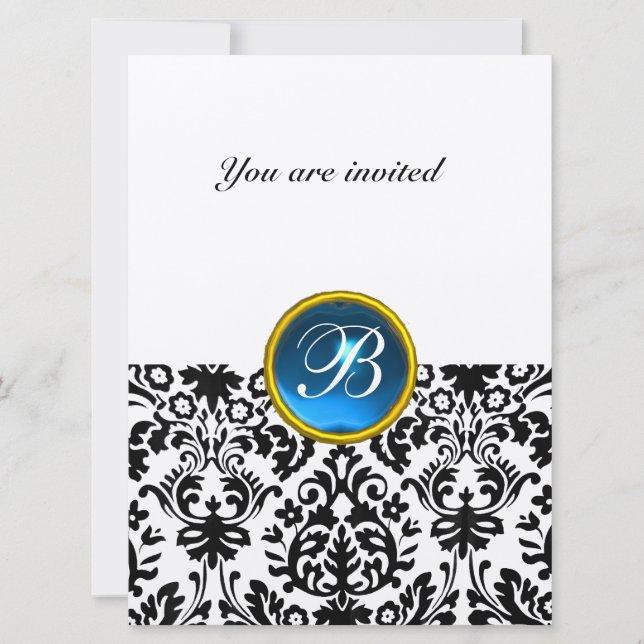 DAMASK GEM STONE MONOGRAM sapphire blue speckled Invitation (Front)
