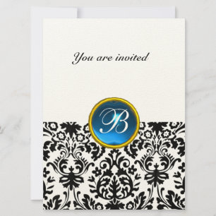 DAMASK GEM STONE MONOGRAM sapphire blue speckled Invitation