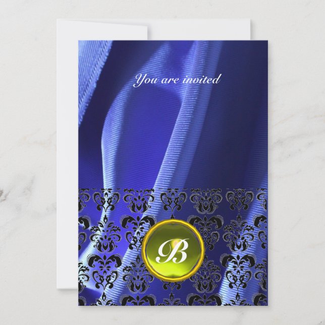 DAMASK GEM STONE MONOGRAM silk blue Invitation (Front)
