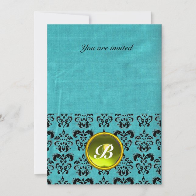 DAMASK GEM STONE MONOGRAM silk blue pink Invitation (Front)