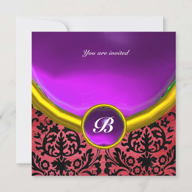 DAMASK GEM STONE MONOGRAM silk purple black Invitation (Front)