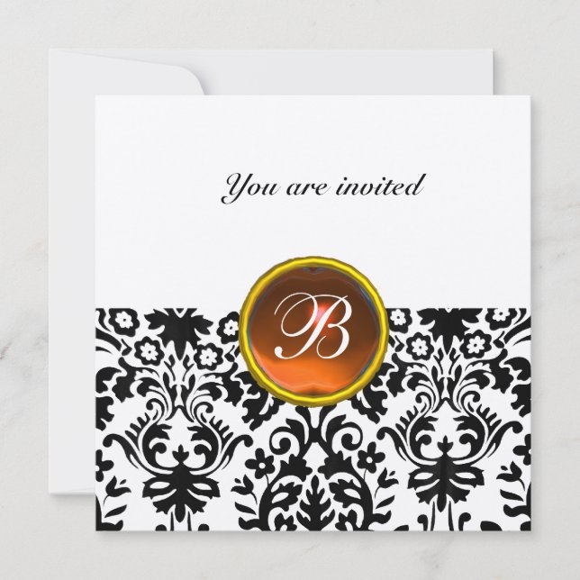 DAMASK GEM STONE MONOGRAM topaz  orange gold Invitation (Front)