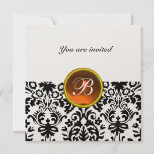 DAMASK GEM STONE MONOGRAM topaz orange gold Invitation