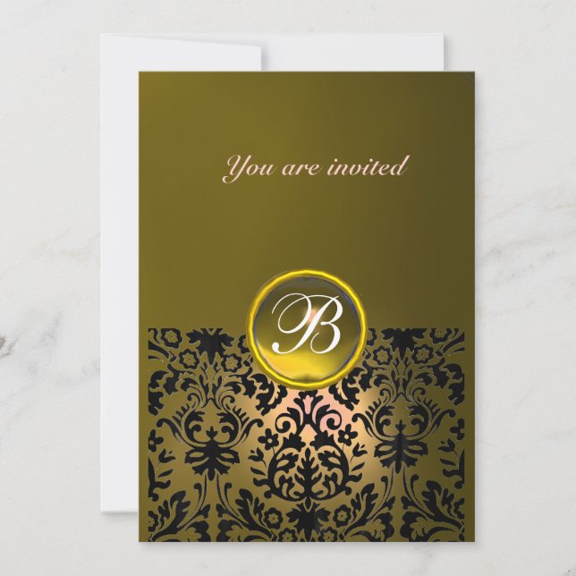DAMASK GEM STONE MONOGRAM topaz yellow black Invitation (Front)