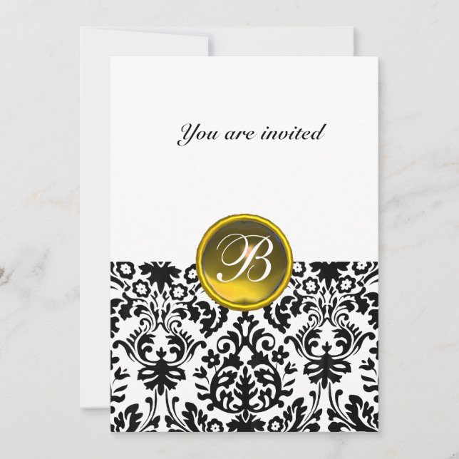 DAMASK GEM STONE MONOGRAM topaz yellow dark white Invitation (Front)