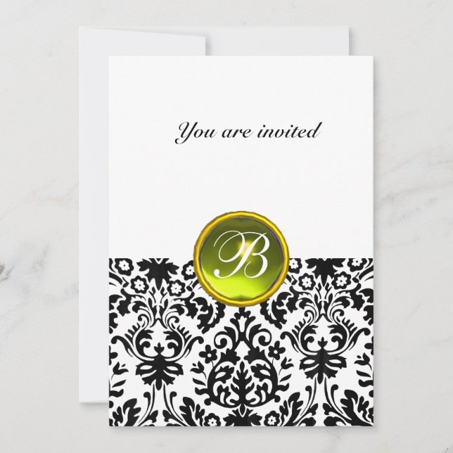 DAMASK GEM STONE MONOGRAM topaz yellow white Invitation (Front)