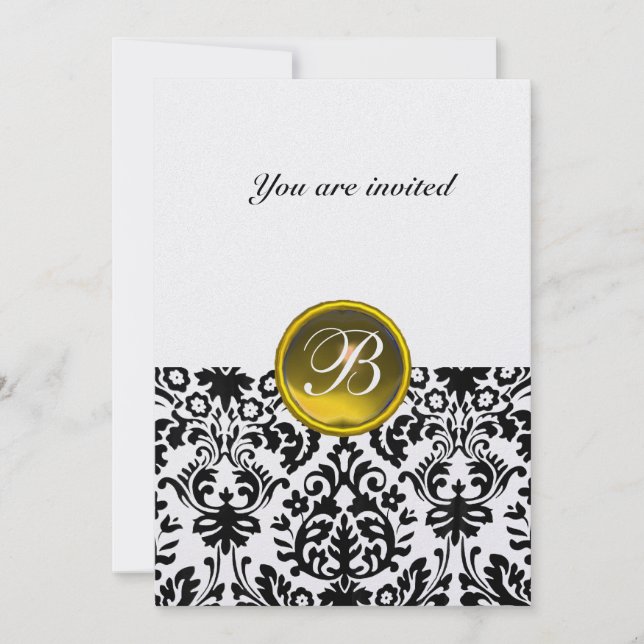 DAMASK GEM STONE MONOGRAM topaz yellowdark ice Invitation (Front)