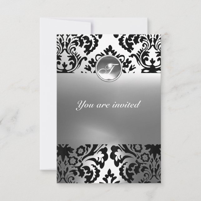 DAMASK GEM STONE MONOGRAM white Invitation (Front)