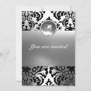 DAMASK GEM STONE MONOGRAM white Invitation