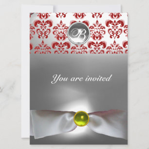 DAMASK GEM STONE MONOGRAM white ribbon grey red Invitation