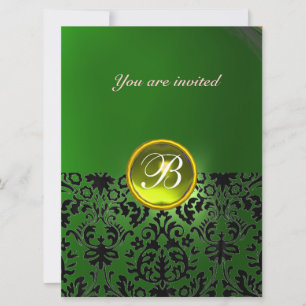 DAMASK GEM STONE MONOGRAM yellow green Invitation