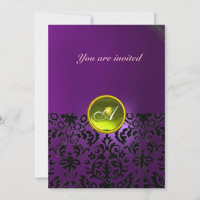 DAMASK GEM STONE MONOGRAM  yellow purple Invitation (Front)