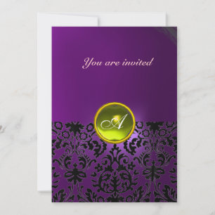 DAMASK GEM STONE MONOGRAM yellow purple Invitation