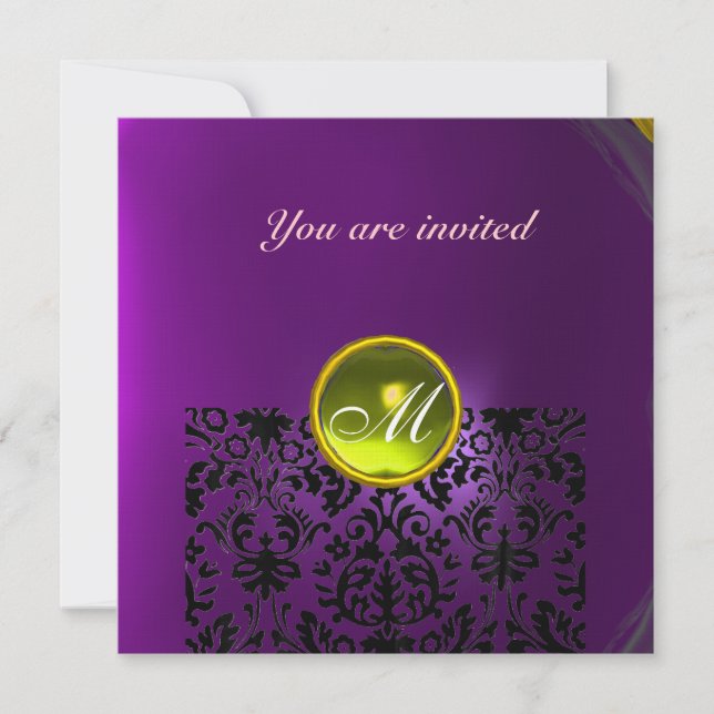 DAMASK GEM STONE MONOGRAM  yellow purple Invitation (Front)