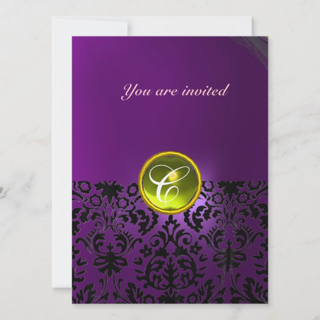 DAMASK GEM STONE MONOGRAM  yellow purple Invitation (Front)