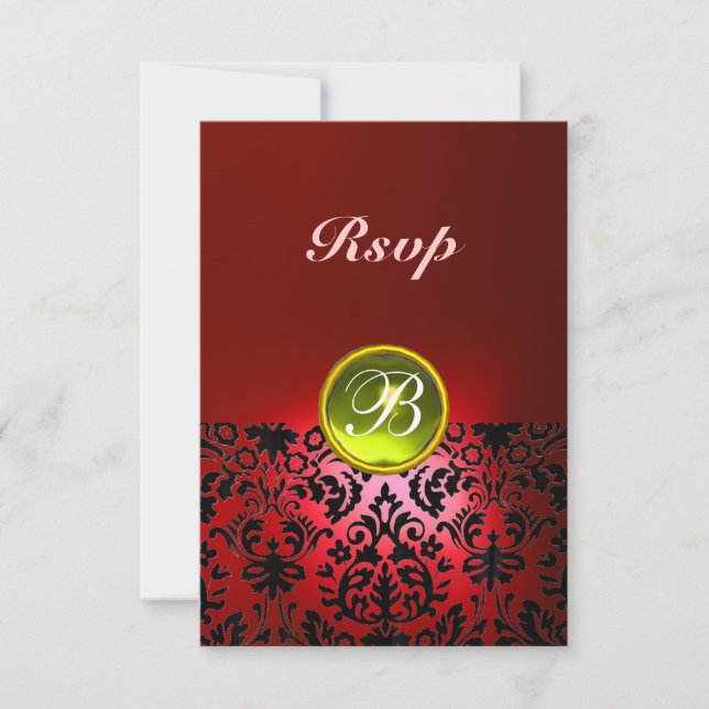 DAMASK GEM STONE MONOGRAM  Yellow Red Rsvp Card (Front)