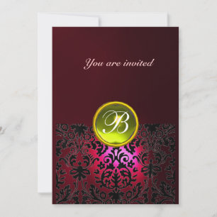 DAMASK GEM STONE MONOGRAM yellow ruby red burgundy Invitation