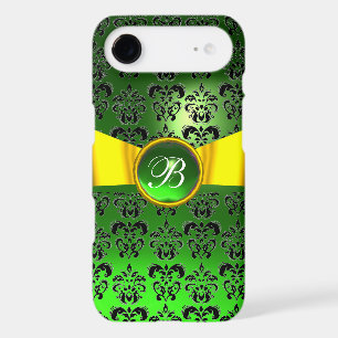 DAMASK GIRLY MONOGRAM green gold yellow ribbon