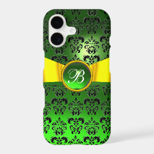 DAMASK GIRLY MONOGRAM green gold yellow ribbon
