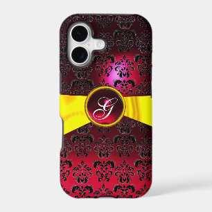 DAMASK GIRLY MONOGRAM red gold yellow ribbon