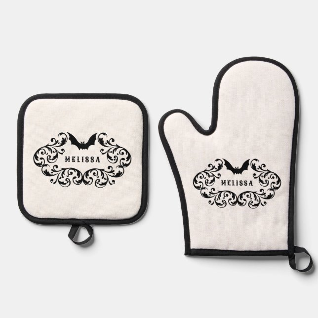 Damask Glam Bat Personalised Oven Mitt & Pot Holder Set (Front)